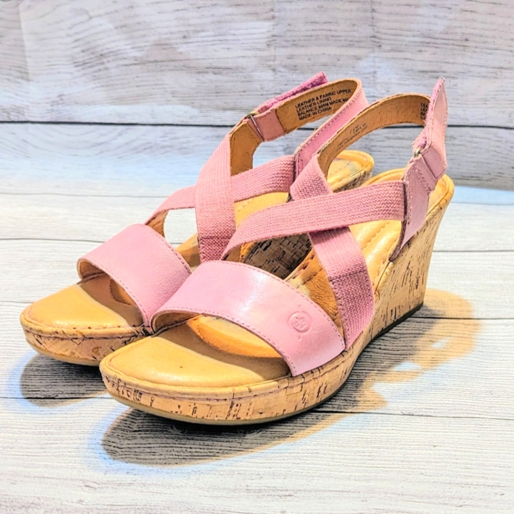 BORN HYURO PINK leather sandals cork wedge size 7.5